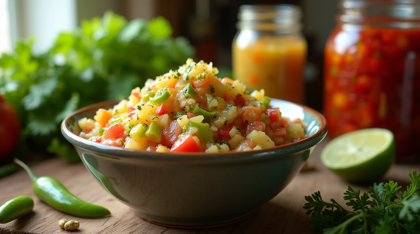 A bowl of colorful homemade chow chow relish with fresh ingredients in a rustic setting