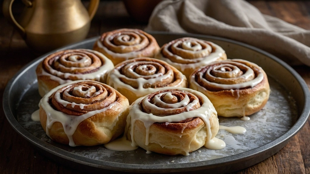 Freshly baked cinnamon rolls with cream cheese frosting on top, placed on a rustic baking tray.