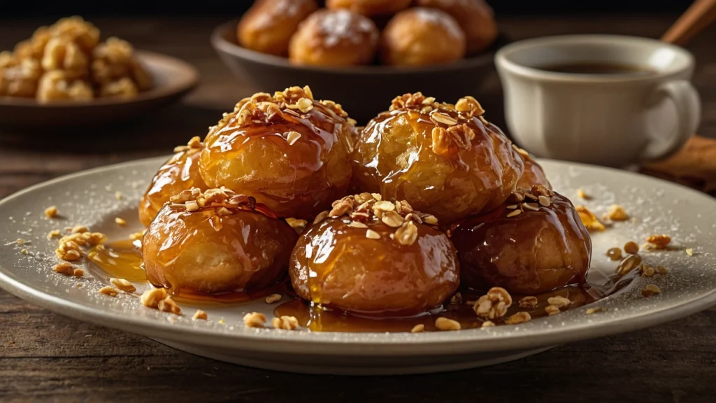 Golden Loukoumades topped with honey, cinnamon, and crushed nuts, served with coffee in the background