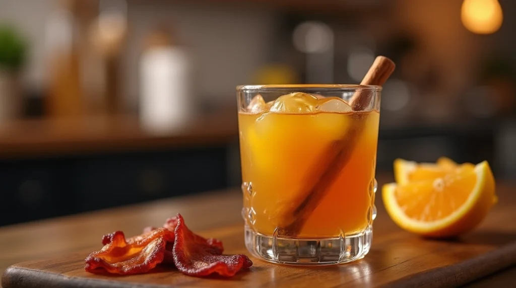 Ingredients for a breakfast shot: whiskey, orange juice, and maple syrup on a modern kitchen counter