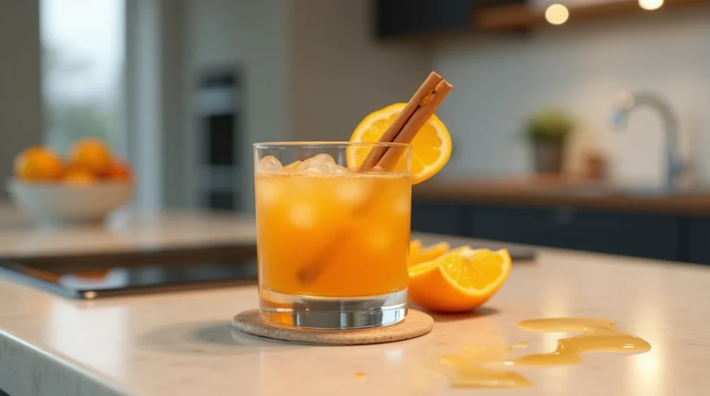 Breakfast shot cocktail with whiskey, orange juice, maple syrup, and garnish in a modern kitchen