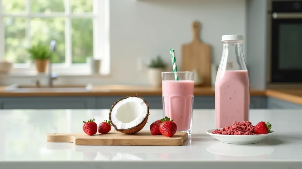 Modern kitchen counter with Pink Drink ingredients.