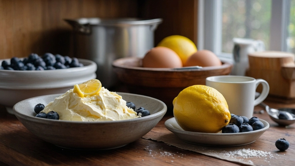 Ingredients for lemon blueberry loaf on a kitchen counter