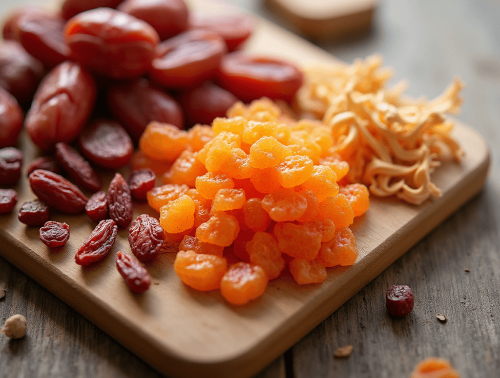 Homemade Peach Gum Dessert – Boost Skin Health Naturally 2 Peach gum dessert ingredients on wooden board