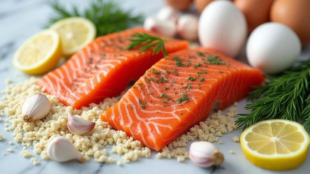 Fresh salmon fillets, eggs, breadcrumbs, garlic cloves, dill, and a slice of lemon