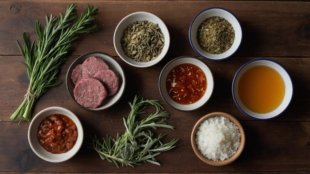 Ingredients for venison breakfast sausage recipe displayed on a wooden table.