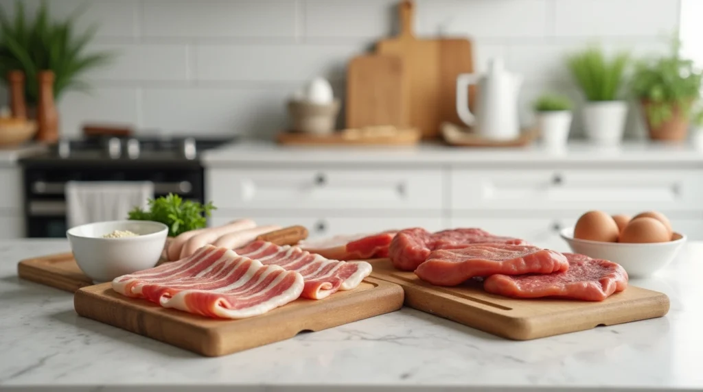 Lean meats like turkey bacon and chicken sausage on a kitchen counter, ready for a healthy breakfast.