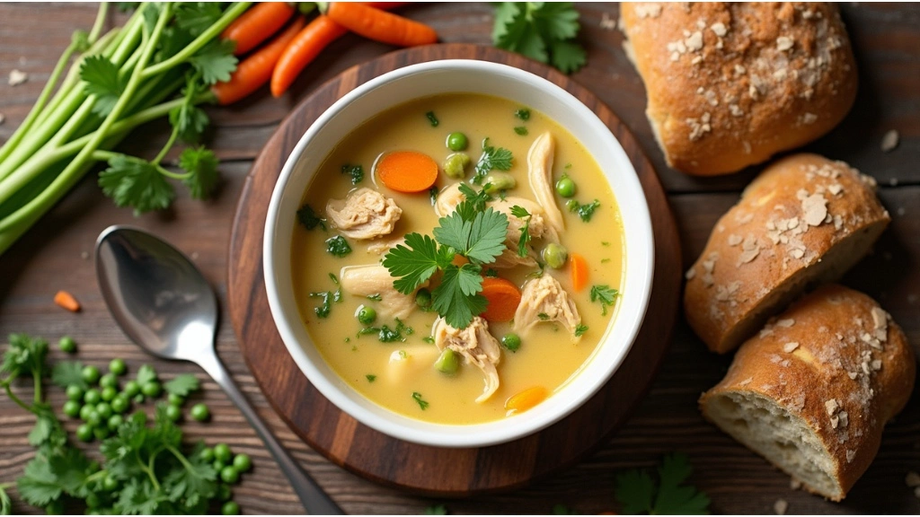 A bowl of creamy Chicken Pot Pie Soup with fresh vegetables and bread on a rustic kitchen table.