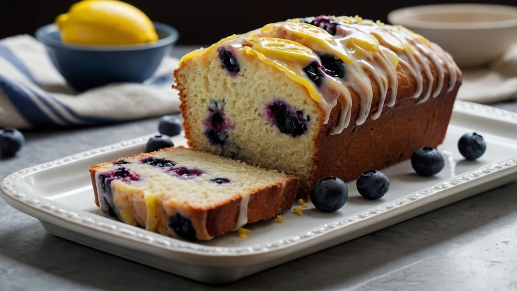 A freshly baked lemon blueberry loaf with lemon glaze