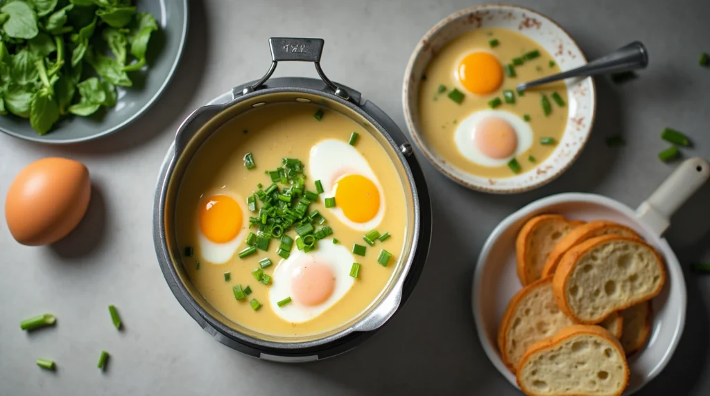 Changua soup simmering in a modern kitchen, served with bread and arepas.