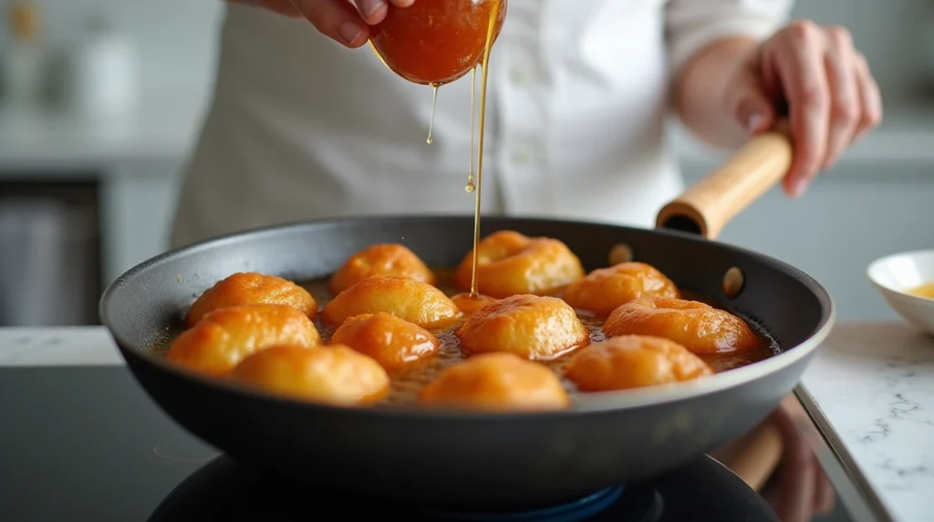 Frying Loukoumades in a modern kitchen and drizzling with honey syrup