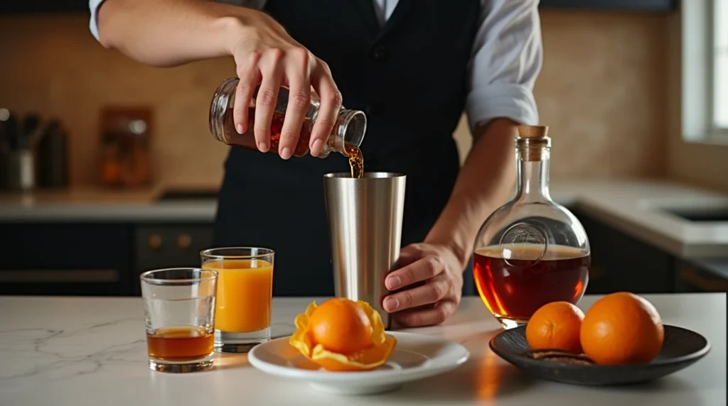 Making a breakfast shot: pouring whiskey into a shaker in a modern kitchen