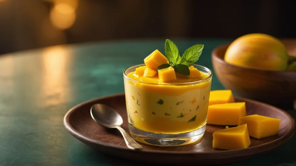 A glass of creamy mango pudding topped with fresh mango cubes and a mint leaf.