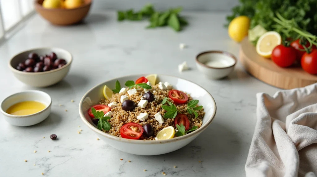 Mediterranean grain bowl with quinoa, olives, and feta cheese in a modern kitchen