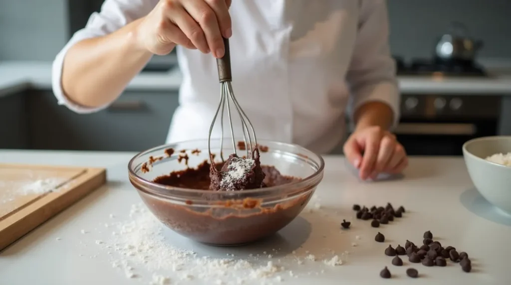 Baker mixing brownie batter for brookie recipe in a modern kitchen.