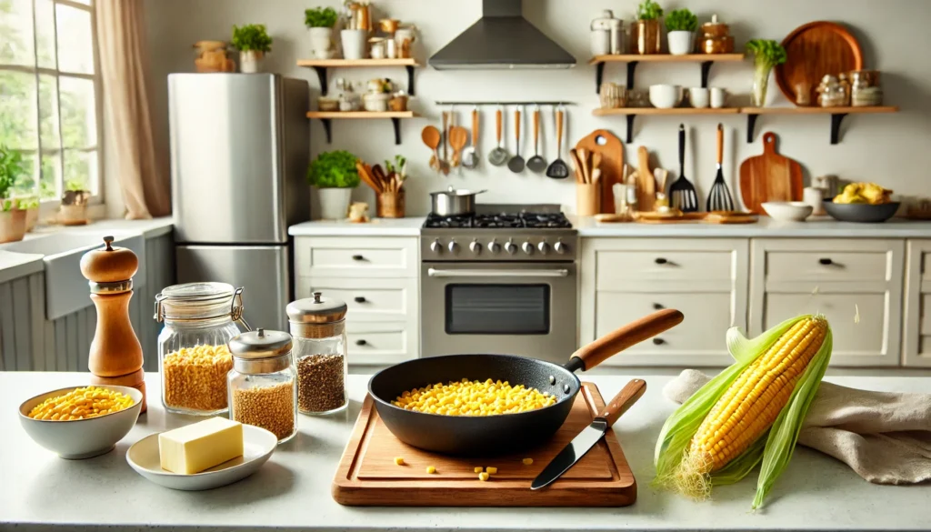 A modern kitchen with a skillet frying corn and fresh ingredients on the countertop.