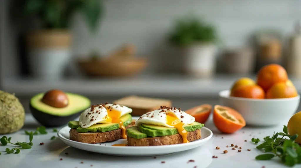 Avocado toast with poached eggs in a modern kitchen.