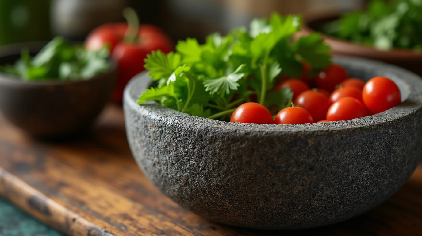 Traditional molcajete with fresh ingredients on a wooden kitchen counter