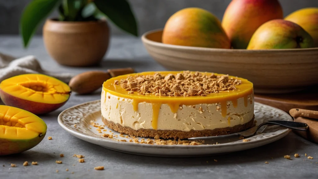 A sliced no-bake mango cheesecake with a floral mango topping on a ceramic platter.