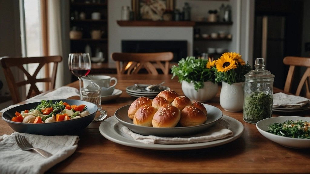 A basket of no-yeast dinner rolls on a family dinner table surrounded by dishes.