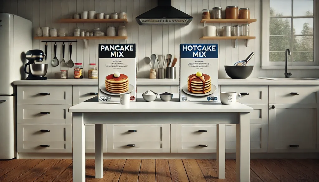 A comparison of pancake mix and hotcake mix on a kitchen counter with ingredients.