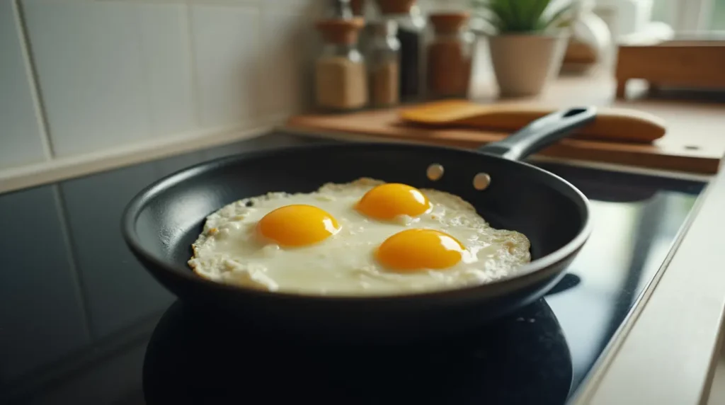 Sunny-side-up eggs cooking on a stovetop in a modern kitchen.