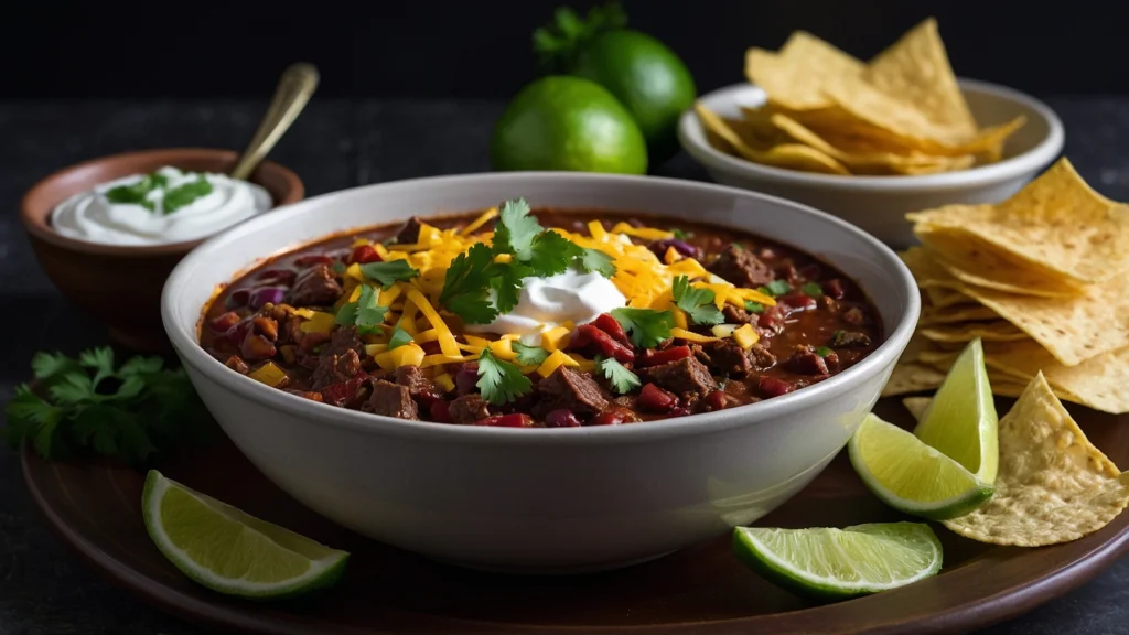 Venison chili garnished with sour cream, cheese, and parsley, served with tortilla chips and lime wedges