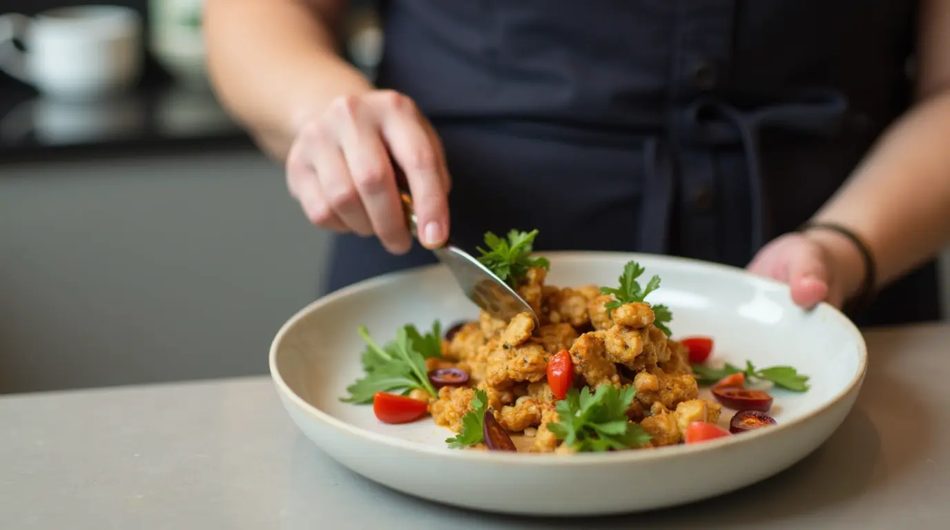 Plating a Milk Street recipe in a modern kitchen.