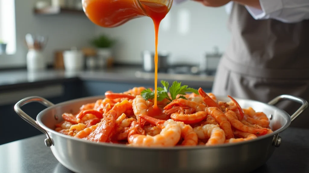 Chef pouring seafood boil sauce over freshly boiled shrimp, crab, and lobster in a modern kitchen.