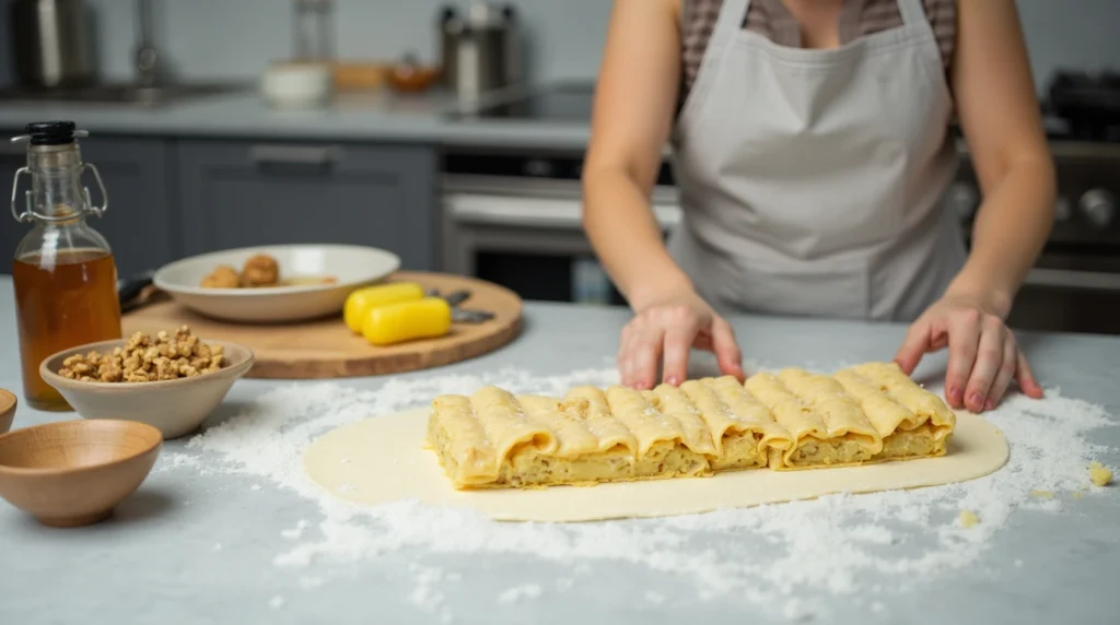 Preparing Baklava with filo dough, walnuts, and honey in a modern kitchen