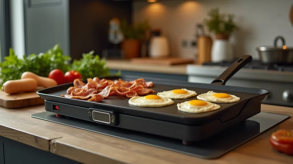 Close-up of a Blackstone griddle cooking eggs and bacon in a modern kitchen