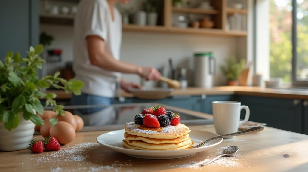 Modern kitchen with ingredients for sourdough discard breakfast preparation.