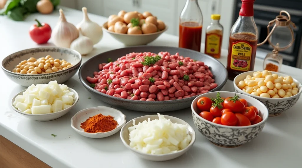 Ingredients for cowboy beans laid out on a modern kitchen counter.