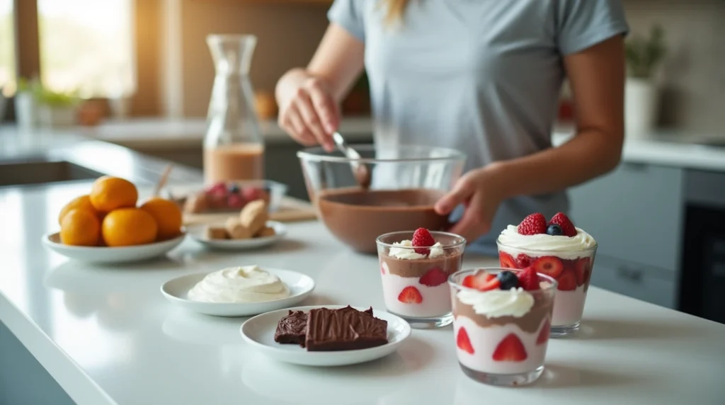 Preparing chocolate mousse in a modern kitchen with fresh ingredients laid out