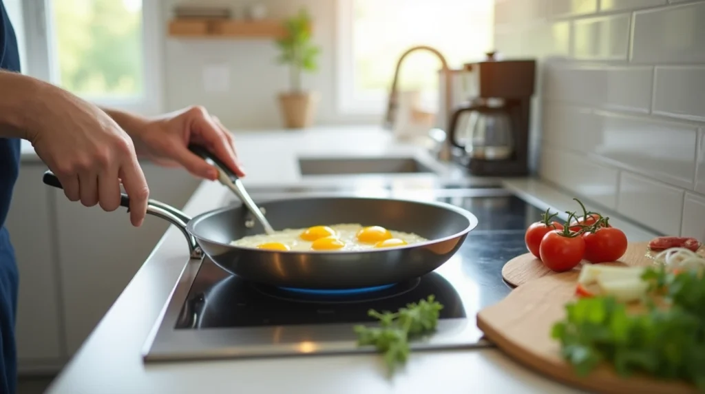 Chef preparing scrambled eggs in a modern kitchen with fresh vegetables on the counter.