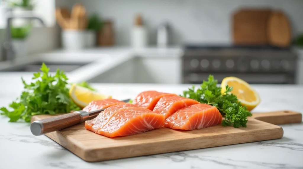 Fresh rockfish fillets on a kitchen counter with lemon and herbs