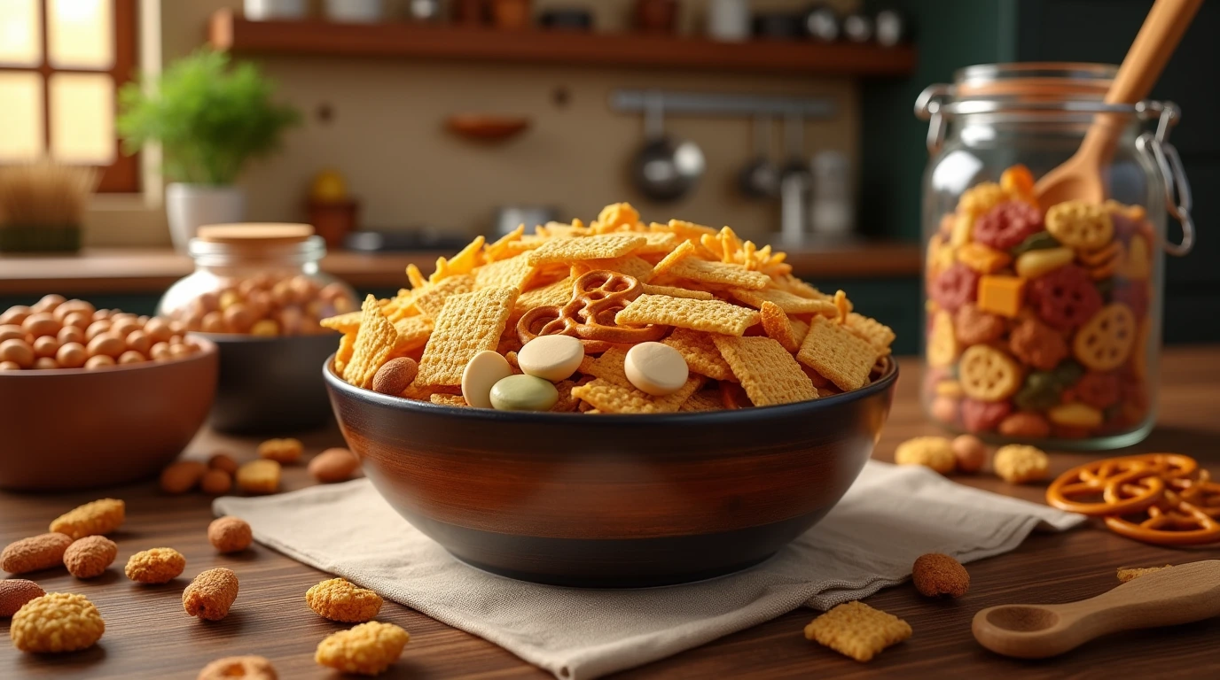 Fresh ingredients for a healthier Chex Mix in a modern kitchen.