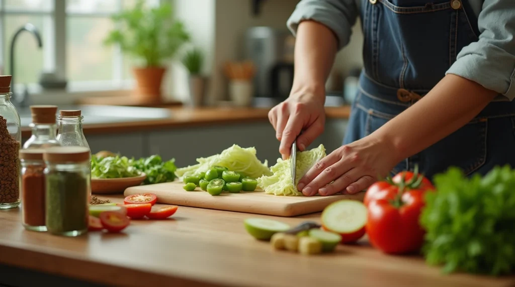 Hands preparing chow chow ingredients on a wooden cutting board in a modern kitchen.