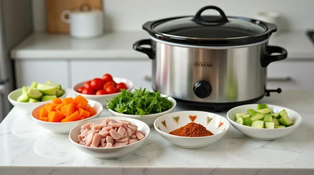 Ingredients prepared for a crock pot lunch box recipe on a modern kitchen counter