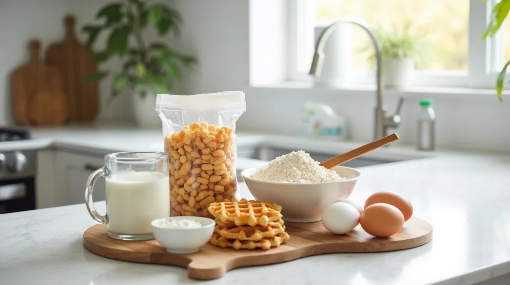 "Ingredients for sourdough discard waffles on a modern kitchen counter