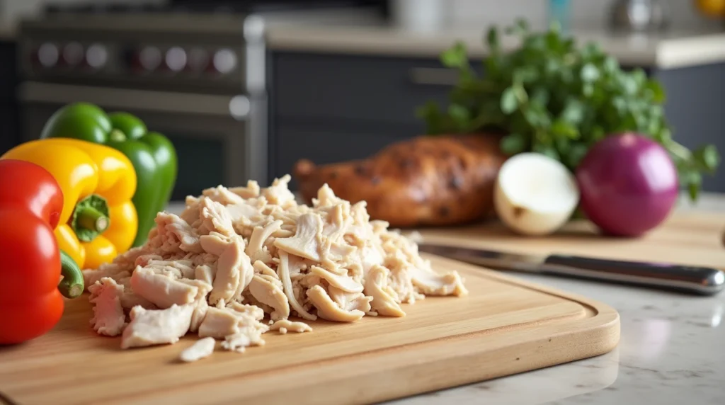 Shredded rotisserie chicken and fresh vegetables on a kitchen counter