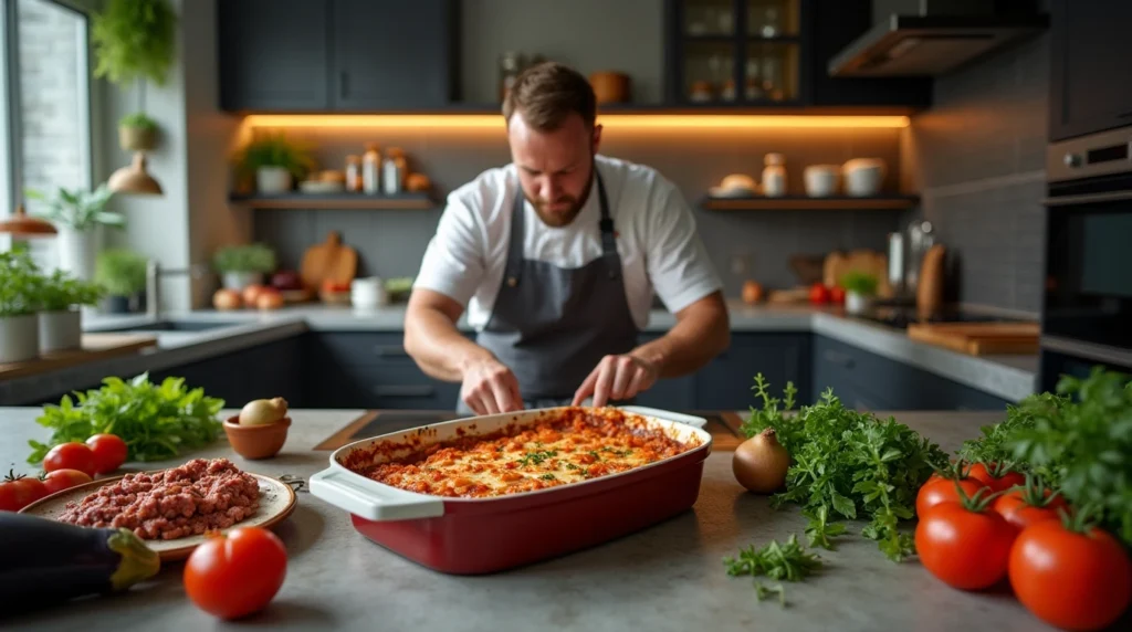 Preparing Traditional Moussaka in a Modern Kitchen