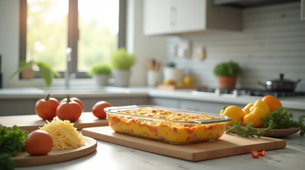 A modern kitchen with a breakfast casserole in preparation on the counter, surrounded by fresh ingredients.