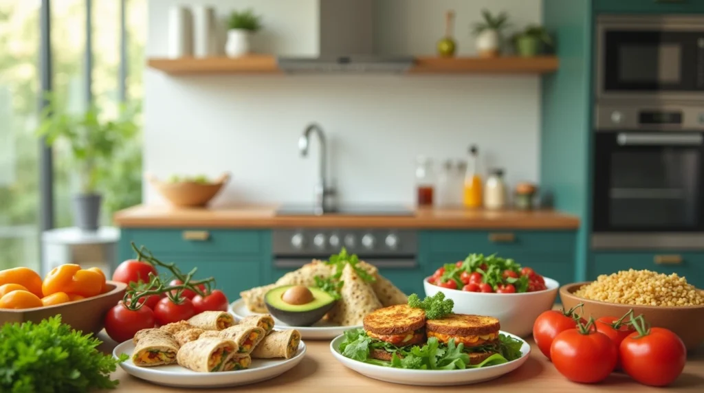 A person rolling a healthy turkey and avocado wrap in a modern kitchen