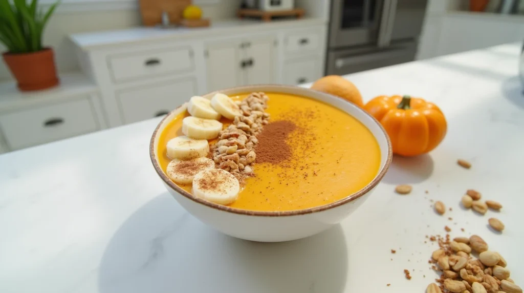 Pumpkin smoothie bowl with banana slices and chopped nuts on a kitchen countertop