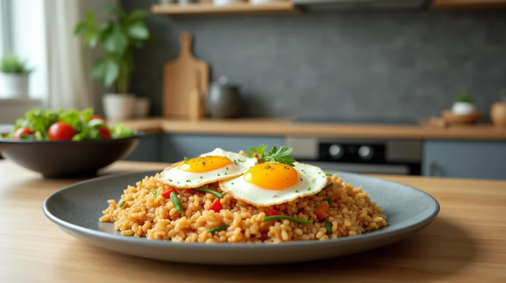 A quick 5-minute stir-fried rice meal on a kitchen table.