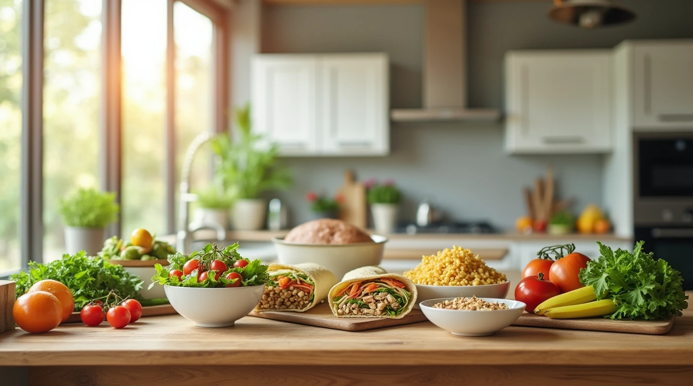 Modern kitchen with fresh ingredients for healthy meals.