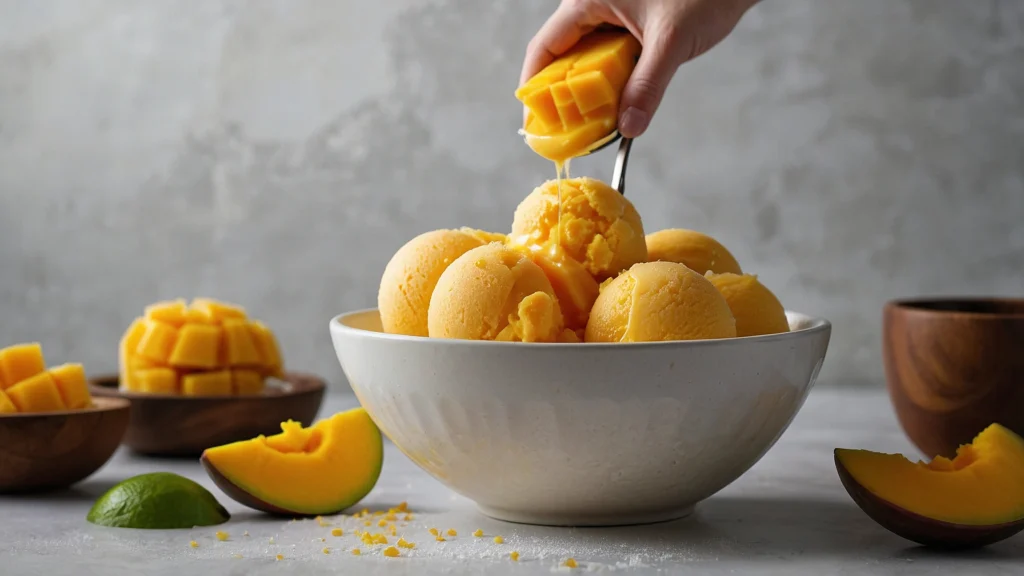 A bowl of mango sorbet with lime slices and zest on a light textured background.