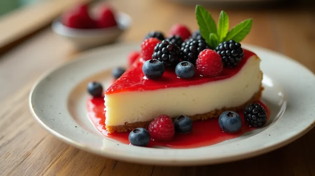 Delicious ricotta cheesecake with fresh berries and mint leaves