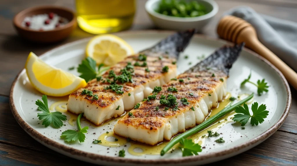 Grilled rockfish fillets with fresh herbs and lemon on a rustic wooden table